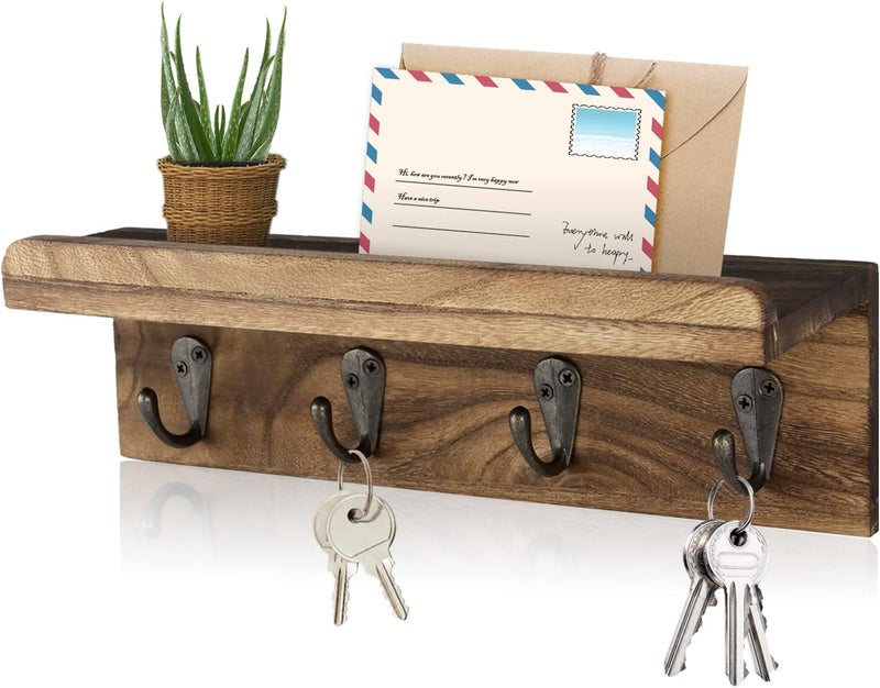 HRONRAD Rustic Key Holder for Wall, Farmhouse Wall Shelf with 4 Hooks, Wall Mounted Key Racks, Wooden Mail Organizer with Hooks for Entryway (Brown) - Image 1